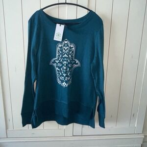 NWT Gaiam Hamsa Hand Yoga Sweatshirt Green Top Super Soft Activewear Size M